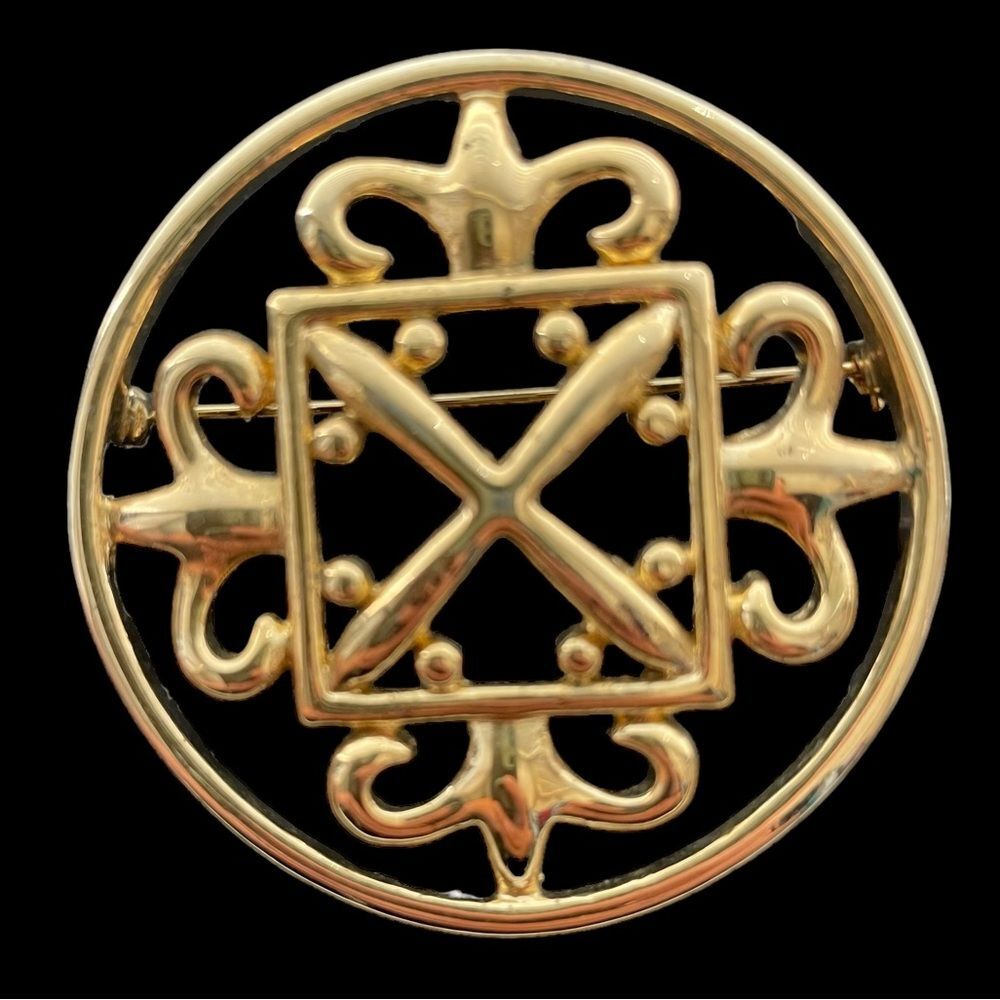 Abstract Fleur De Lis Design Heavy Gold Plated Statement Vintage Brooch